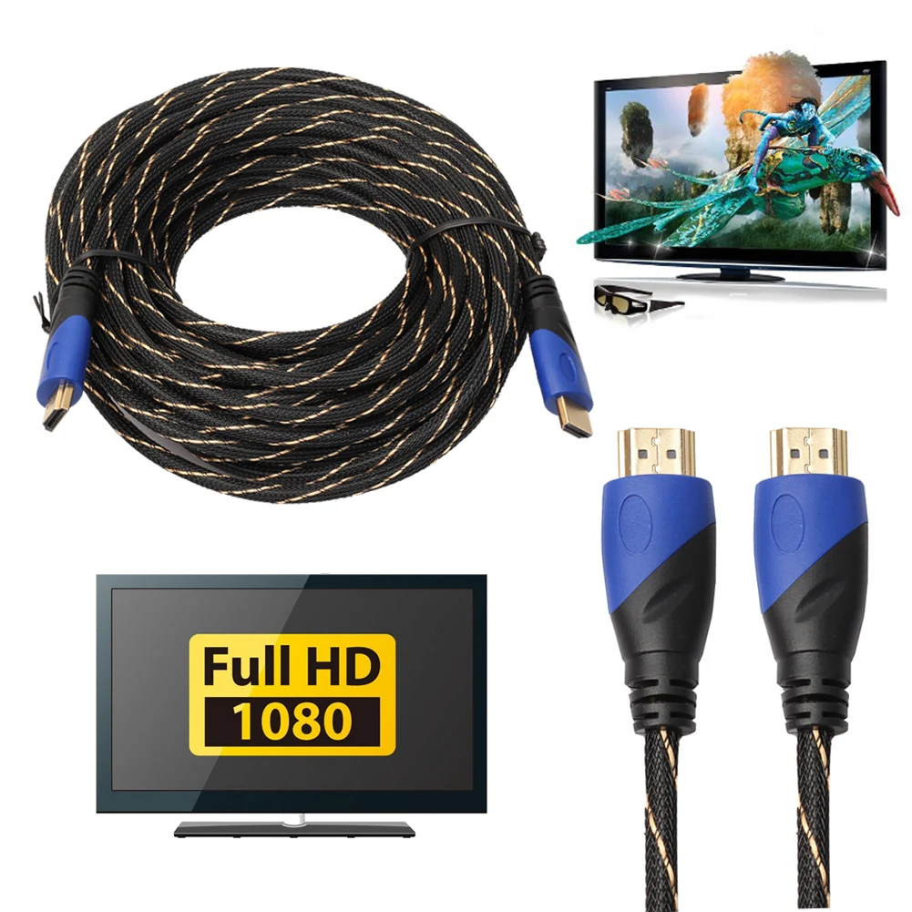 كابل AV 1.4 متوافق مع HDMI بطول 10 أو 15 مترًا ، كابل ذكر مضفر بطول 1080 بكسل عالي الدقة ، ثلاثي الأبعاد ، مطلي بالذهب ، اتصال جديد لـ PS3 ، Xbox ، HDTV