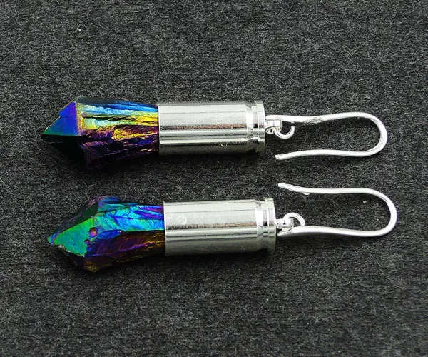 Titanium Rainbow Crystal Druzy Point Earrings Gluing Bullet Shell Setting Silver Plated Approx 40*8mm