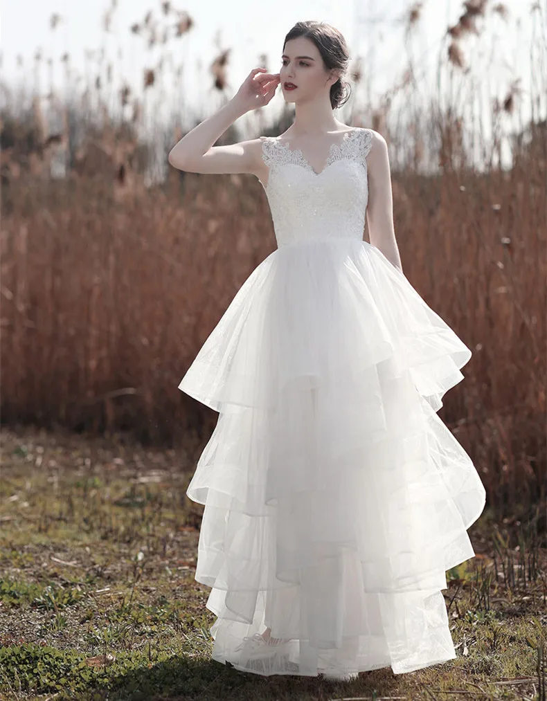 JaneVini-vestidos De novia largos y elegantes De tul con lentejuelas, vestidos De novia con cuello De pico, línea A, color blanco