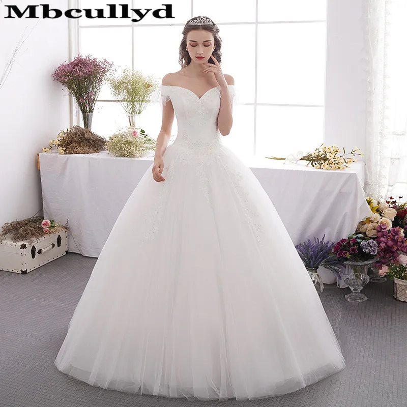 Mbcully 아이보리 볼 가운 웨딩 드레스 2019 섹시한 오프 어깨 tulle v-neck 레이스 업 vestido de noiva with applique lace gowns