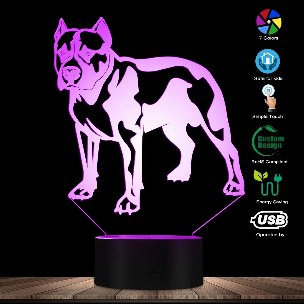 Cute PitBull Terrier 3D Optical Illusion Night Light Custom Pet Portraits Name Bedroom Table Lamp Dog lovers Companion Dog Gift