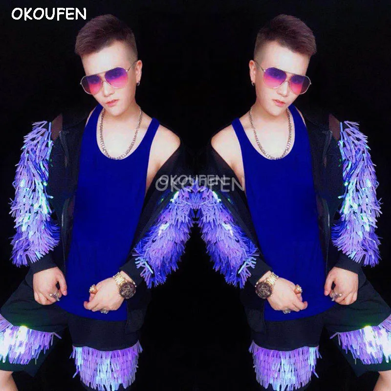 

Purple fashion Men's Hip Hop Baseball Jacket Costume Nightclub Bar DJ Singer stage dance wear show performance jacket