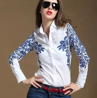 Camisas femininas de verão, camisas fashion, manga comprida, camisa branca, camisa estampada, camisa fina, jardas grandes de porcelana azul e branca