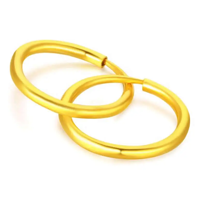 Solid 24K Yellow Gold Earrings Women 999 Gold Smooth Circle Round Hoop Earrings P6286