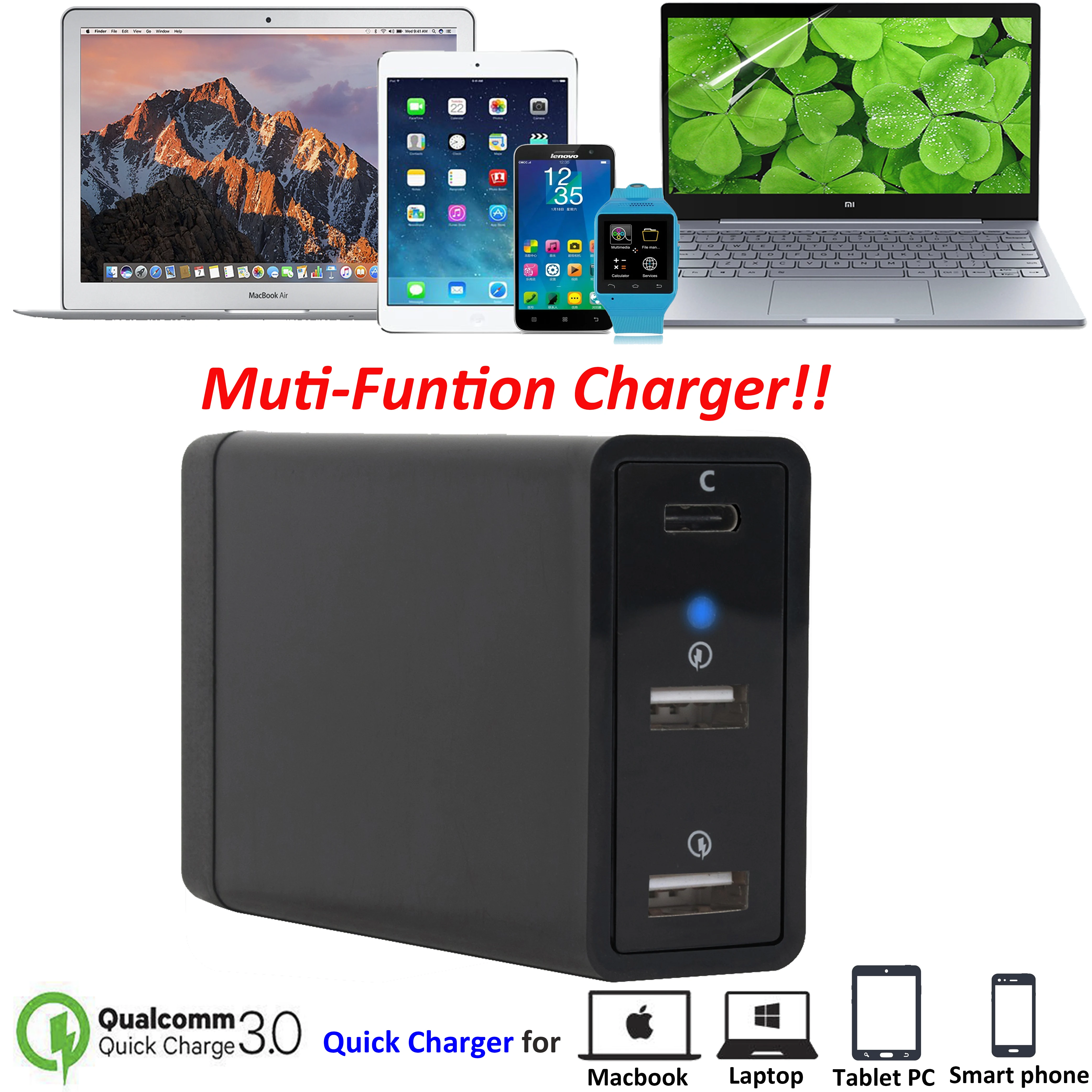 Quick Charger QC 3.0 with 2 USB A and 1 USB C PD 3.0 Notebook Charger For Laptop Mac book Smartphone