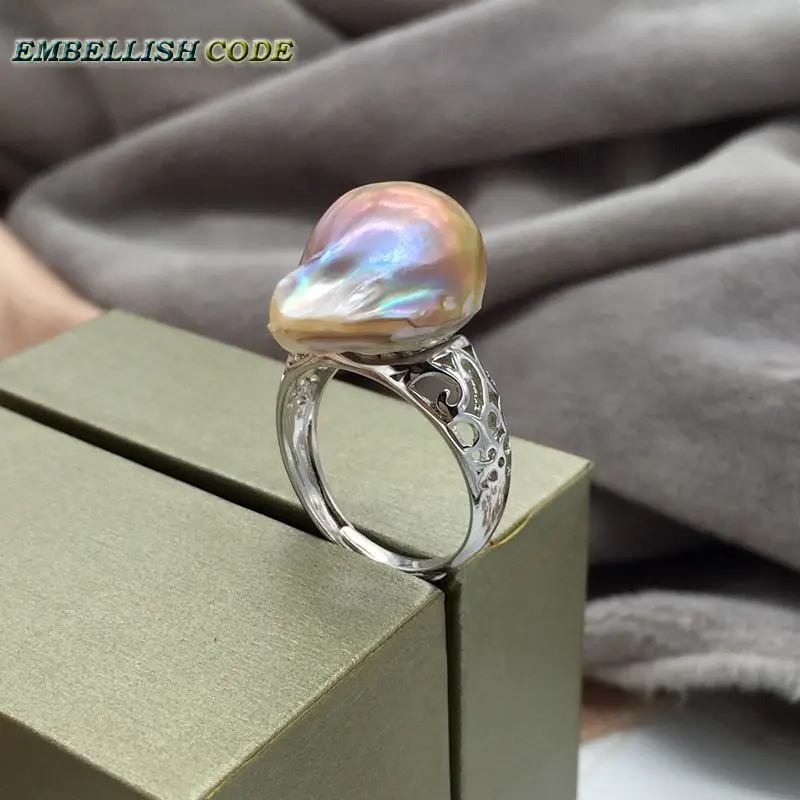 Resize baroque pearls 925 silver Ring stud earring set purple golden colourful Lustrous fire ball flameball nice jewelry women