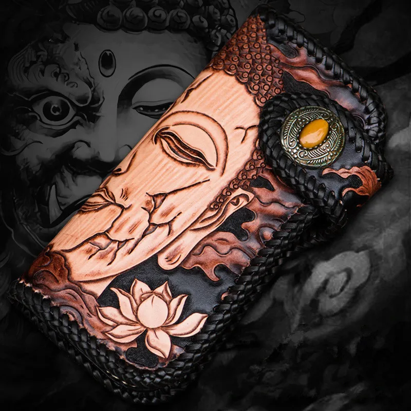 Free Design Handmade Wallets Carving Buddha and Devil Purses Men Long Clutch Vegetable Tanned Leather Wallet Card Holder