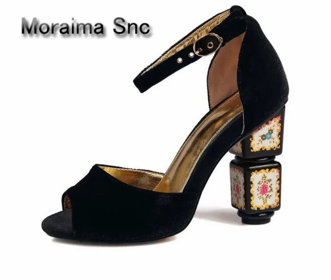 Moraima Snc European retro suede pumps red black blue strange style pumps ankle strap sexy peep toe high heels shoes women 2018