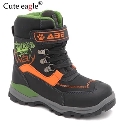 Cute eagle New Waterproof Winter Snow Boots Boys Pu Leather Mid-Calf Child's Shoes Plush Rubber Winter Boots for Boys EU 27-32