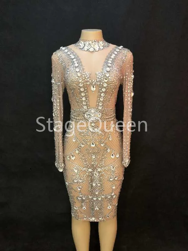 Women Sexy Stage Net Yarn Dress Big Glass Sparkling Crystal Nightclub Party Dancer Singer Stage Wear Performance Dance Costumes