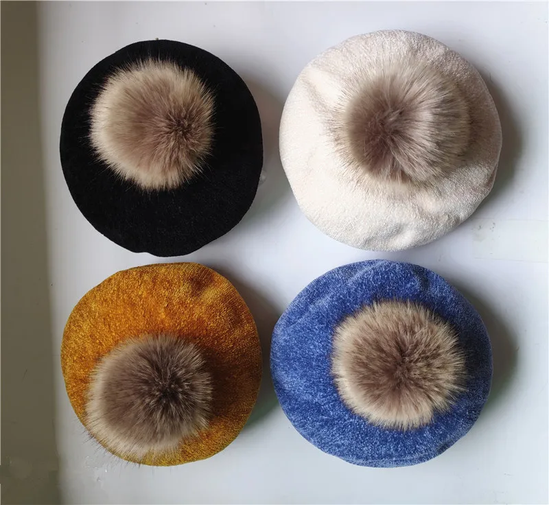 Fashion Winter Children Wool Soft Beret Caps Autumn Women\'s Casual Polyester Fur Pom pom Beret Caps Hats Gorras