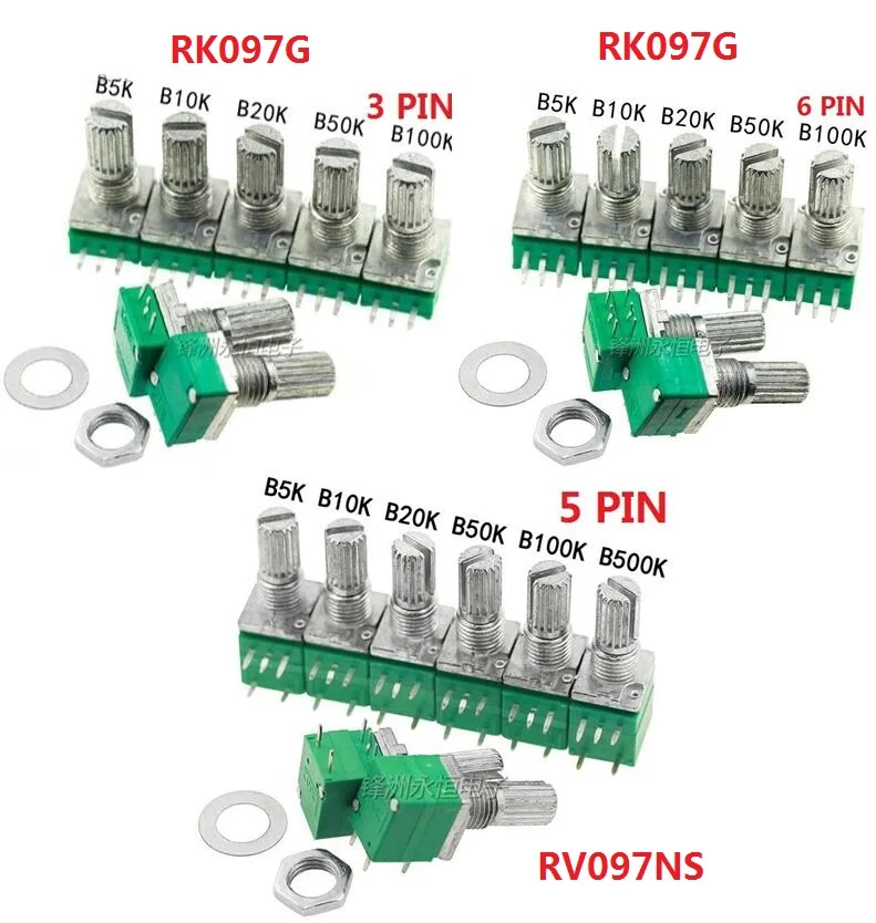 Free Ship 5PCS RK097G RK097N B5K B10K B20K B50K B100K B500K RV097NS Double Potentiometer 3pin 5pin 6pin 3/5/6/P/Feet/pin 15mm