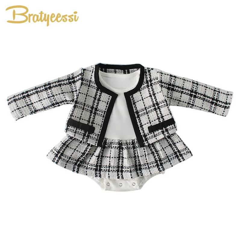 

2Pcs Baby Romper Coat Plaid Toddler Jumpsuits Cardigan Spring Baby Girl Clothes Set Infant Costume Kids Outfit Suit