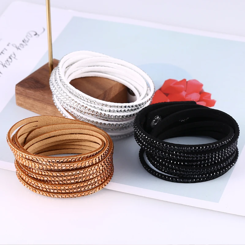 HOCOLE 2019 New Charm Rhinestone Crystal Leather Bracelets For Women Bohemian Vintage Bracelet Statement Fashion Jewelry Gifts