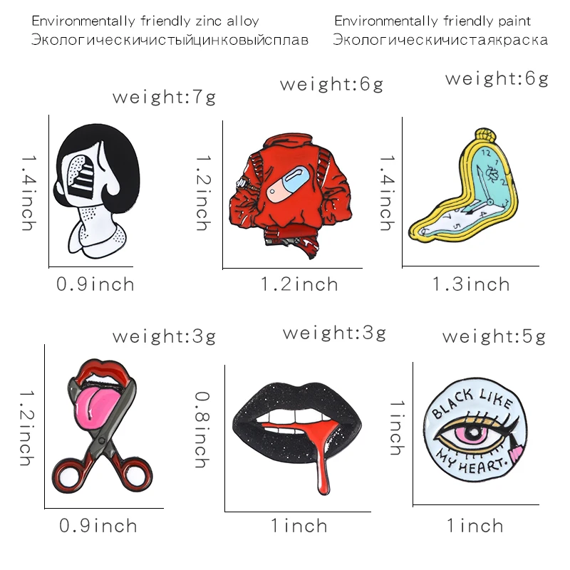 Pill Eyeliner Tongue Lips Enamel Pins Twisted Clock Girl Brooches Denim Shirt Lapel Pin Bag Punk Cool Jewelry Gift for Friends