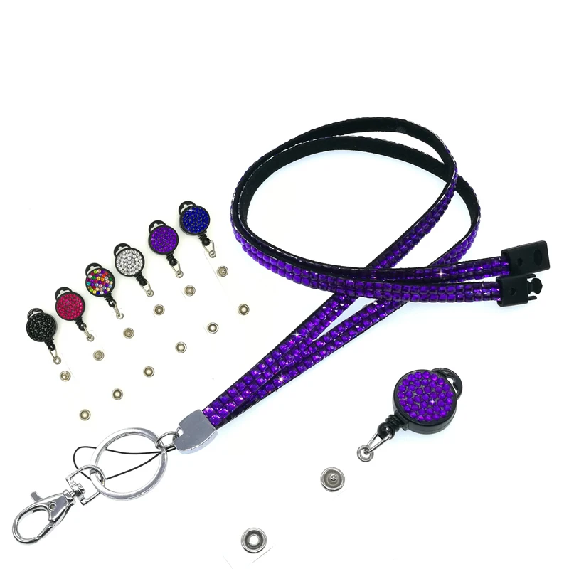 1pc purple Bling Retractable Lanyard Crystal Rhinestone Neck Lanyard Clasp With Badge Reel