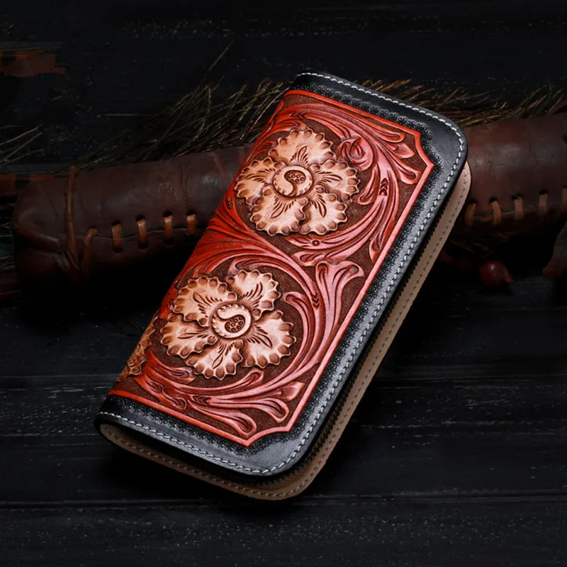 High-quality Genuine Leather Wallets Carving Flower Zipper Bag Purses Women Men Long Clutch Vegetable Tanned Leather Wallet