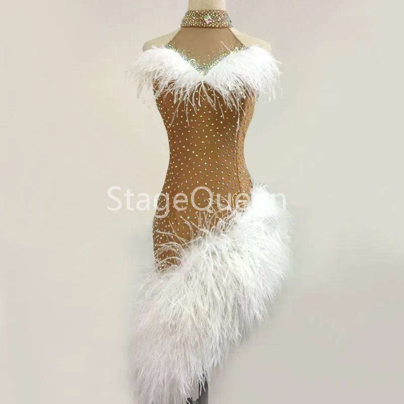 New Latin Dance Dress Bling Rhinestones Dresses For Girls Sexy Feather Women Latin Competition Dancewear Salsa Customizable