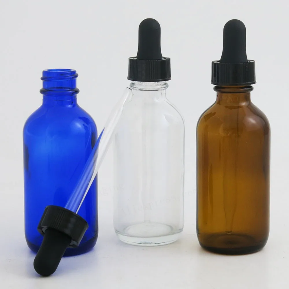 

12 x 60ml Clear Amber Cobalt Blue Glass Dropper Bottle 2oz Eye Dropper for Essential Oils Aromatherapy Boston Round Containers