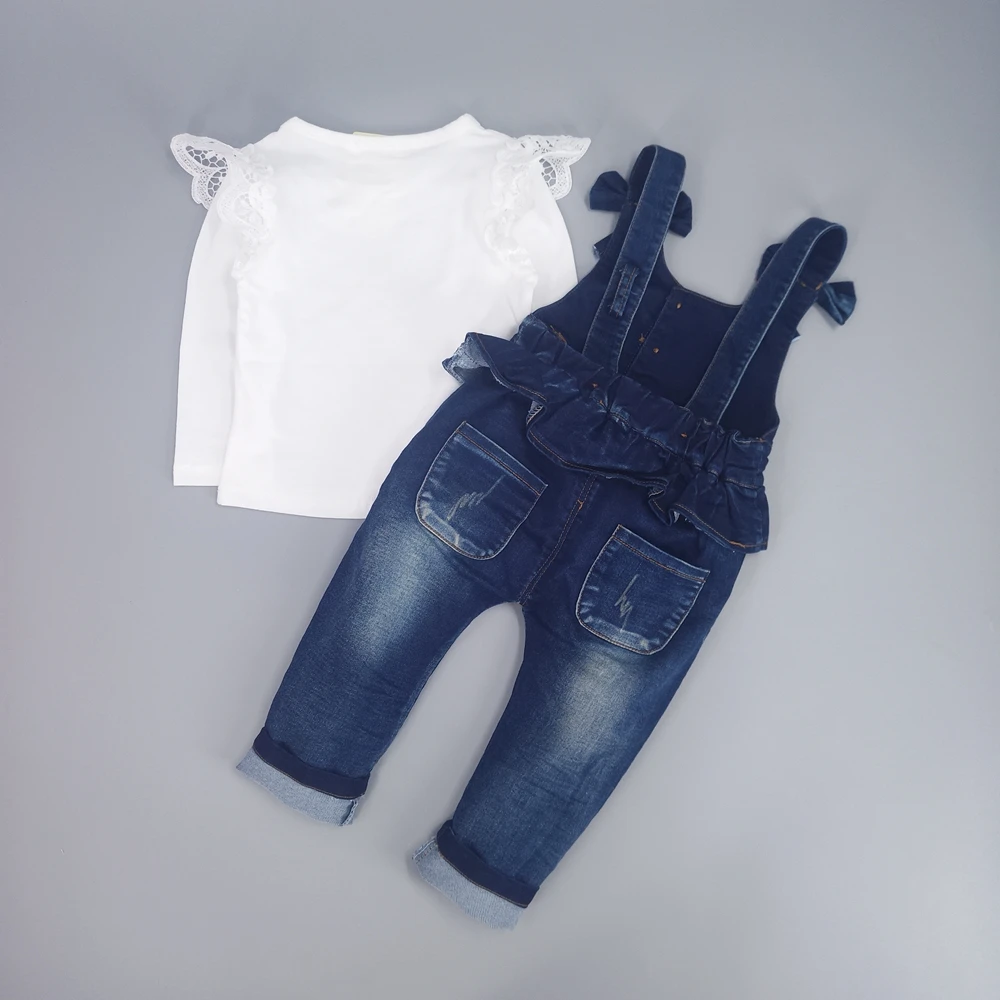 Baby Girls Clothing Sets With White T Shirt Spring Kids Girl Suspender Bib Overalls Children Jeans Pants Jumpsuit Babe Clothes