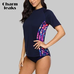 Charmleaks Manica Corta Donne Rashguard Camicia Floreale di Stampa Ad asciugatura rapida Protezioni UPF 50 + Surf Top Corsa e Jogging Mountain Bike Shirt