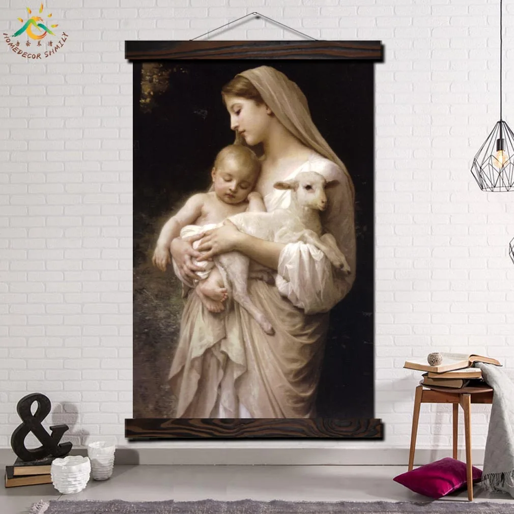 

The Virgin Mary and Christ Framed Scroll Painting Modern Canvas Art Prints Poster Wall Painting Decorative Pictures Home Decor