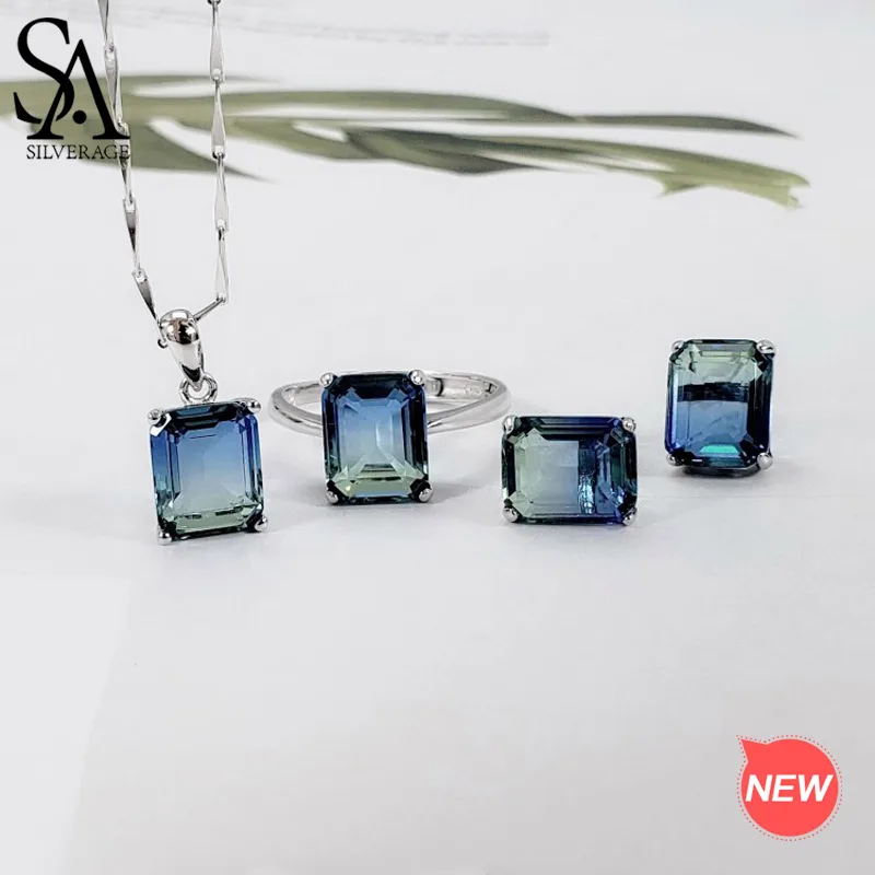 

SA SILVERAGE 925 Sterling Silver Rectangle Gradient Stud Earrings Necklaces Rings Jewelry for Woman Colorful Silver Jewelry Sets