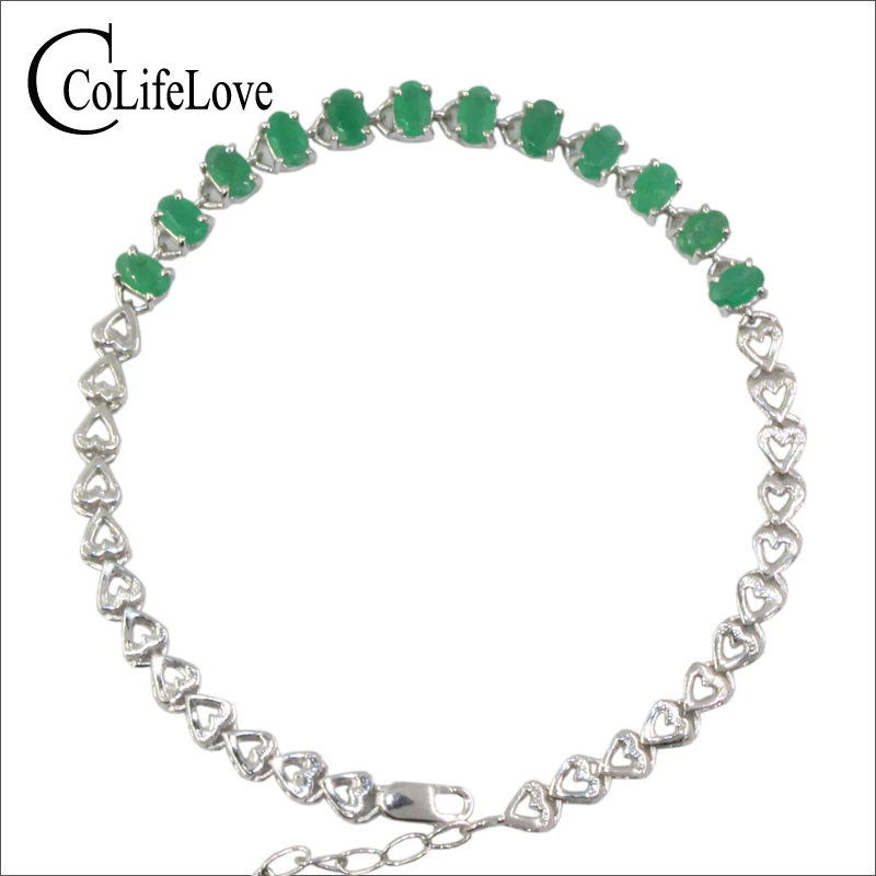 Classic silver emerald bracelet 12 pcs 3 mm * 5 mm natural I grade emerald bracelet solid 925 silver gemstone bracelet