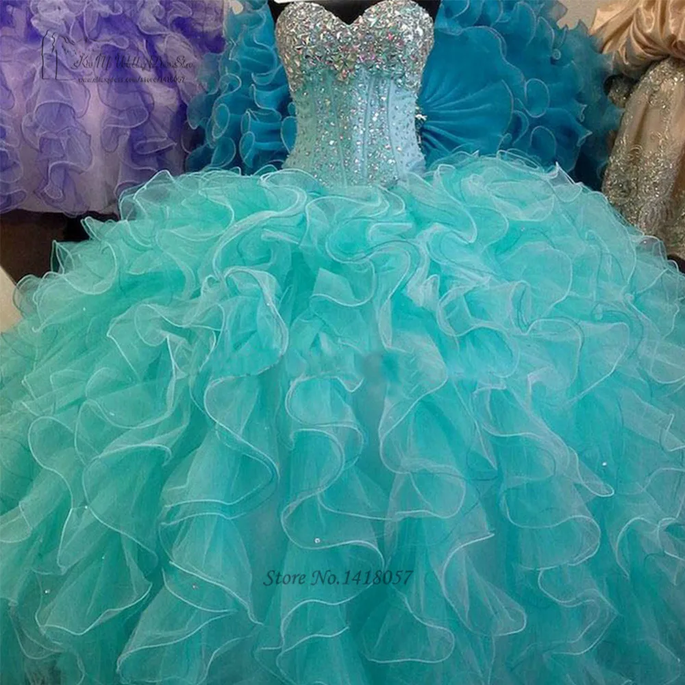 Turquoise Quinceanera Dresses Organza Ball Gowns Crystal Sweet 16 Dress Vestidos de 15 Anos Cheap Quinceanera Debutante Gowns