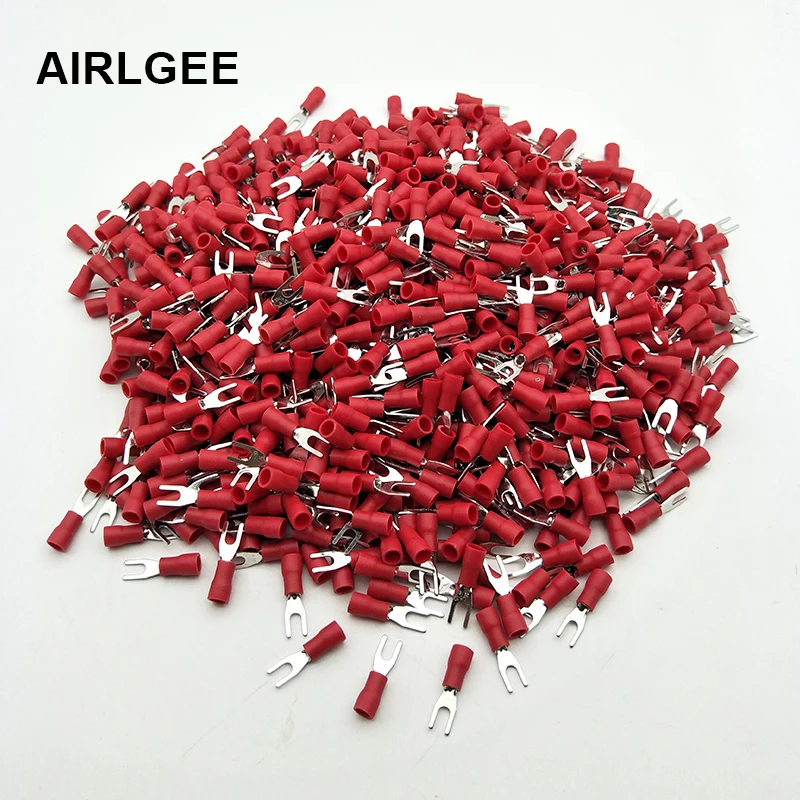 1000 3.2mm Bolt Furcate 22-16 AWG Pre Insulated Fork Crimp Terminal Connector For 0.5-1.5mm2 Cable Wires SV1.25-3