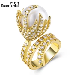 DreamCarnival 1989 Gorgeous Design CZ Stones Paved Anniversary Gift for Love Anel Anillos Created Pearl Ring for Wedding SJ15435