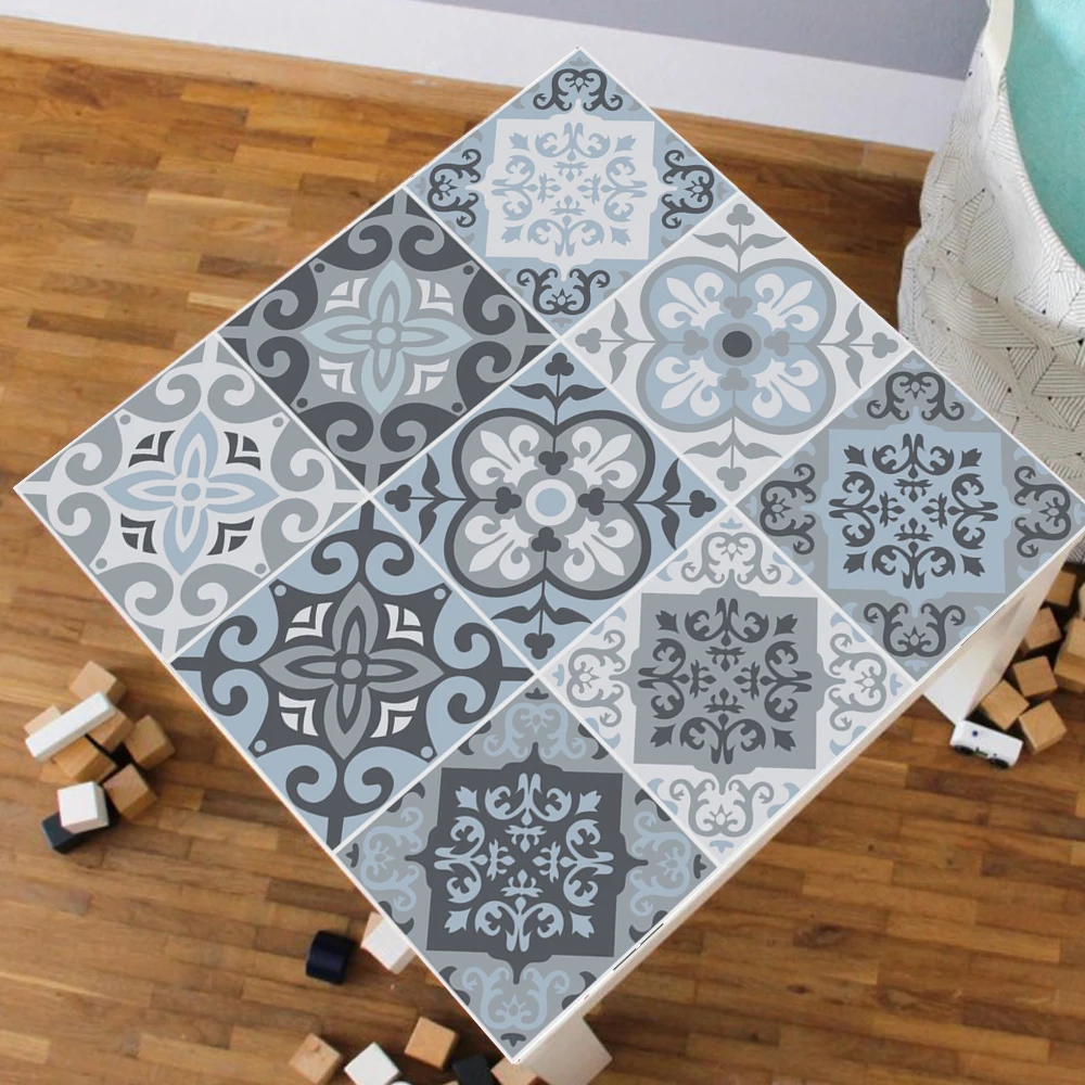 55x55cm Blue Grey Mediterranean Tile PVC Tablecloth For Living Room Bar Self Adhesive Contact Paper Waterproof Art Table Sticker