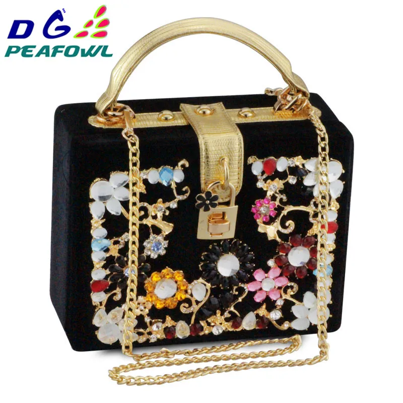 Fashion Prom evening bag diamond flower Clutch Bag hollow relief Acrylic/PU Ballot lock luxury handbag banquet bag party purse