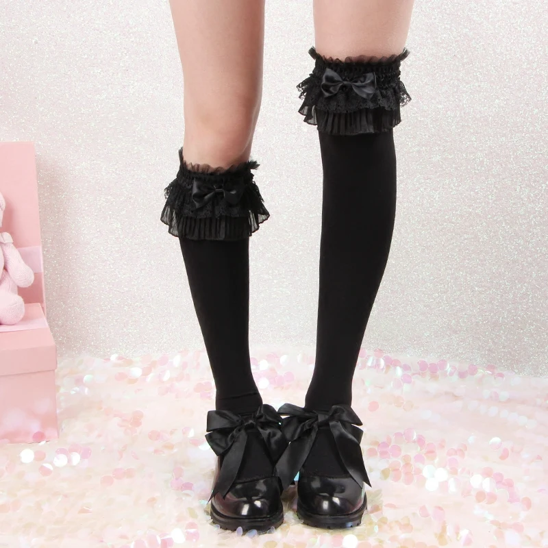 

Lolita big lace stockings flower wedding velvet double lace jk calf socks over knee lolita socks