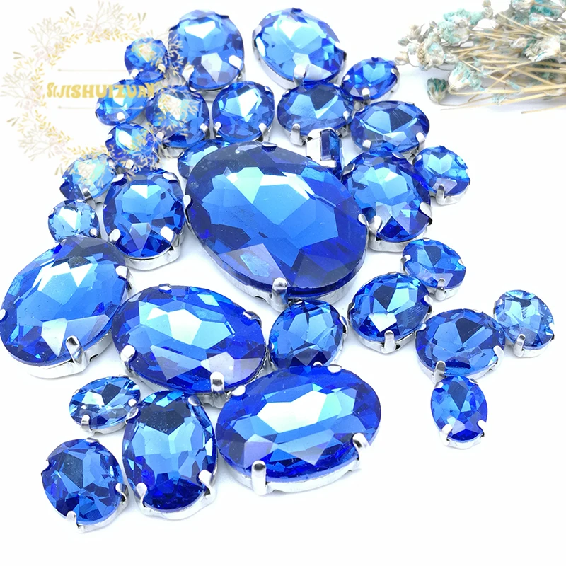 5 SIZES 30PCS ! Light Sapphire oval shape Glass Crystal sew on rhinestones with calw Diy wedding decoration