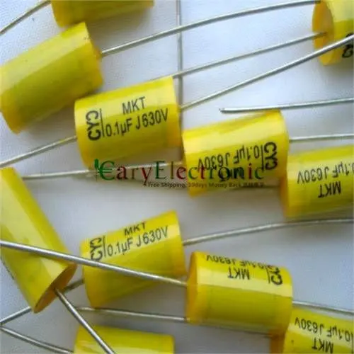 Wholesale 200pcs long leads yellow Axial Polyester Film Capacitors electronics 0.1uF 630V fr tube amp audio free shipping