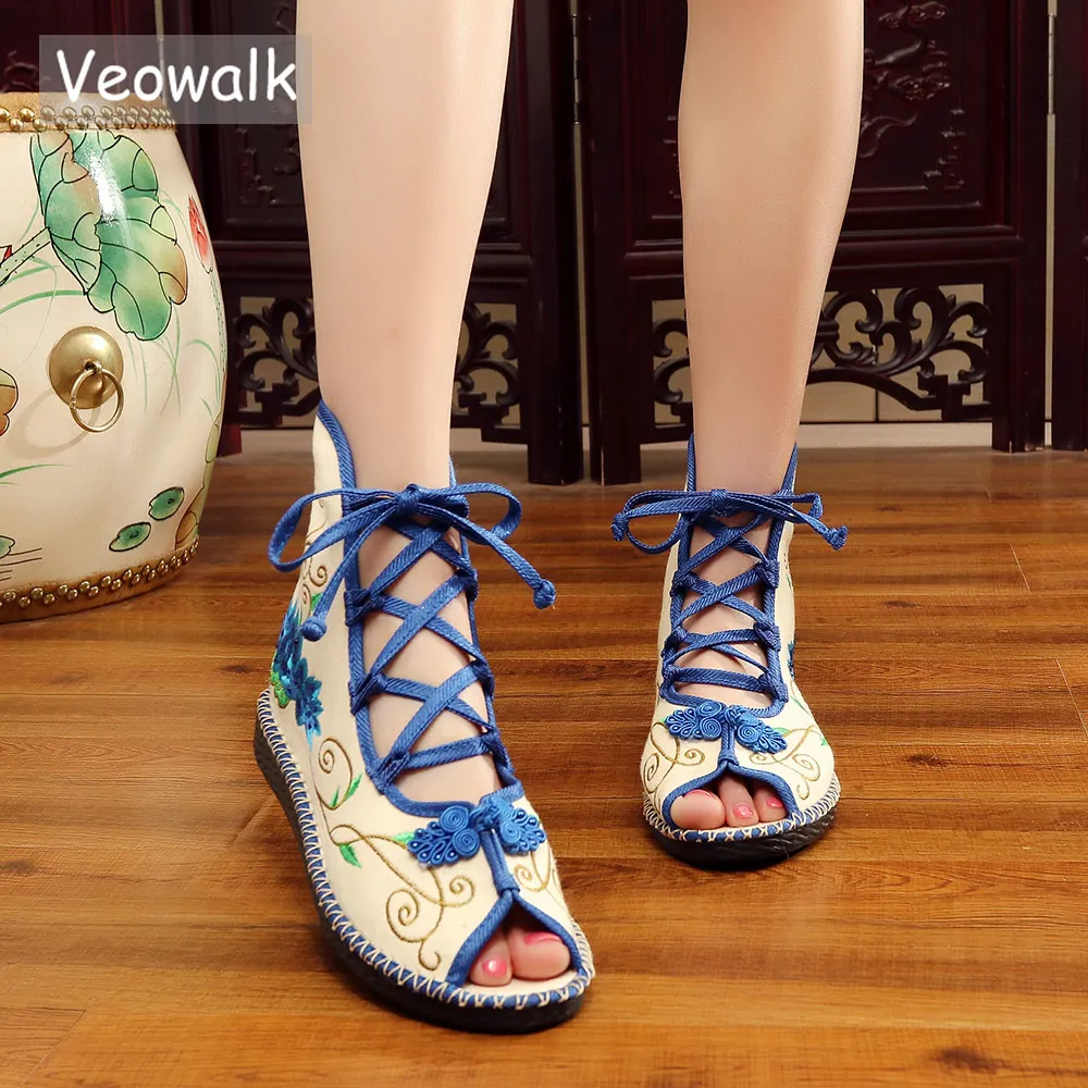 Veowalk Summer Super Light Women Canvas Gladiator Sandals Peep Toe High Top Ladies Cotton Flat Shoes Comfort Embroidered Sandial