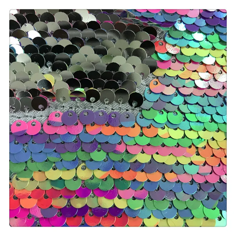 New Fashion Trend Large rainbow double-sided flip  UV Laser Color Sequin Mesh Fabric A Little Elastic Party Dress Material