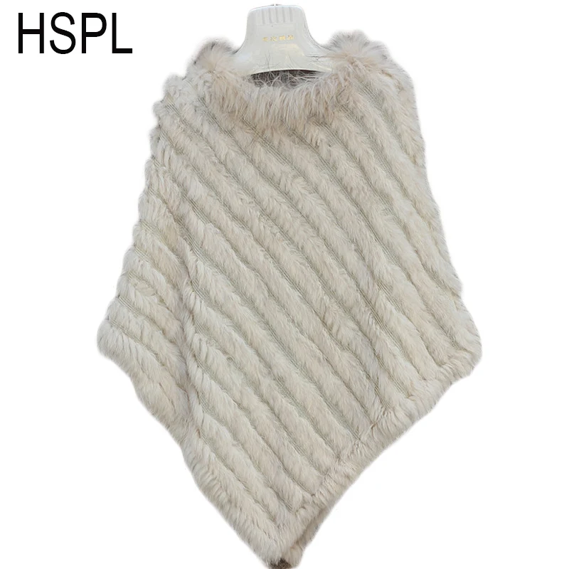 HSPL Women Fur Poncho Raccoon Fur Trim Shawl Fashion Oversized 2017 Autumn Knitted Real Rabbit Fur Capes Feminine Gray Ponchos