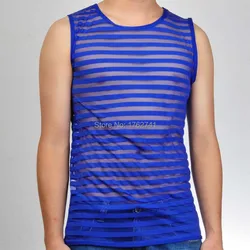 Fashion Men Mesh Stripe Vest  Male Shirt Undershirts See Through Underwear Tank Top Organza Shirt