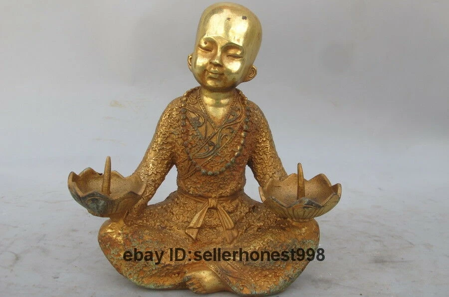 18CM Tibet Bronze Gilt gild Buddhism Little monk holding a candlestick Statue