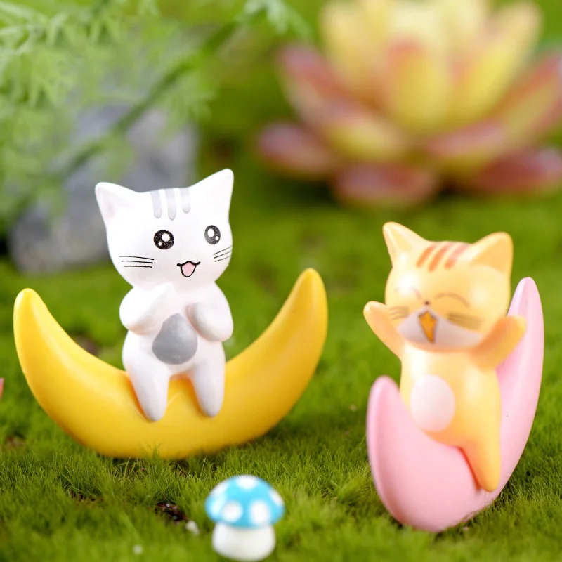 2pcs Moon Lover Cat Figures Dating Miniature figurine wedding decoration doll fairy garden statue Home Gift Moss garden