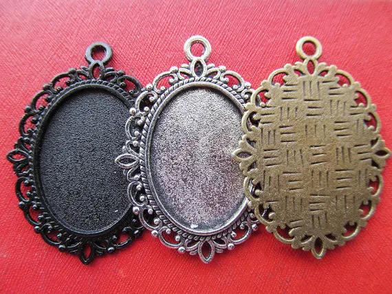 50pcs 10 Colors Antique Silver/Bronze/Black Oval Base Setting Tray Bezel Pendant Charm/Finding,fit 18mmx25mm Cabochon/Cameo