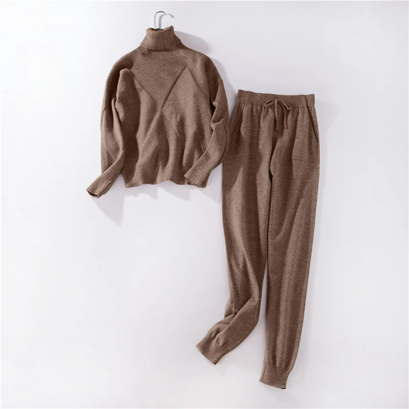 Autumn Winter Knitted Tracksuit Turtleneck Sweatshirts Casual Suit Women Clothing 2 Piece Set Knit Pant Sporting Suit Female