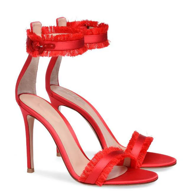 Carpaton 2018  Summer Fashion And Mature ladies red sardin cloth tassel peep toe super high heel sandals banquet shoes