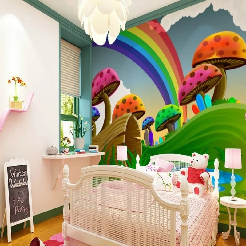 Home decoration wallpaper mural photo cartoon hand - painted rainbow mushroom house children wallpaper murals Beibehang