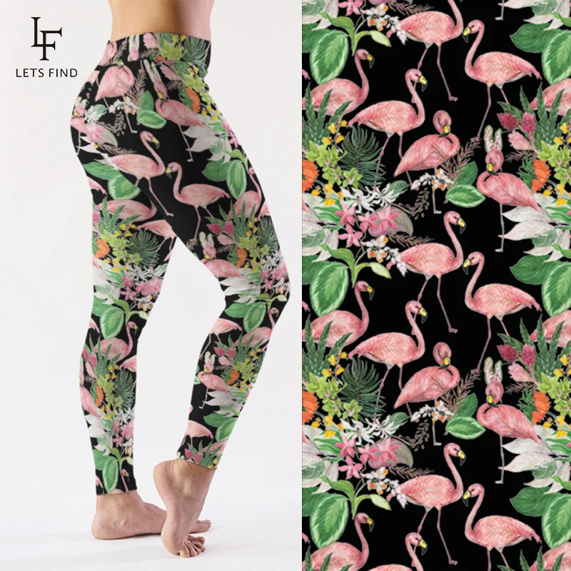 LETSFIND 2019 Fashion Stretch Leggings neri 3D fenicotteri Milk Silk Print Fitness Legging Sexy Silm pantaloni da donna a vita alta