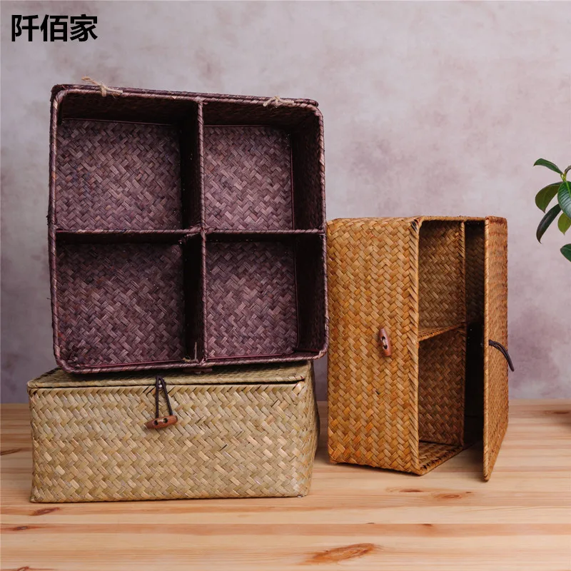 4 Grid Square Sisal Hand Woven Sea Grass Baskets With Lid Desktop TV Control Jewelry Cosmetic Sundries Rattan Storage Container