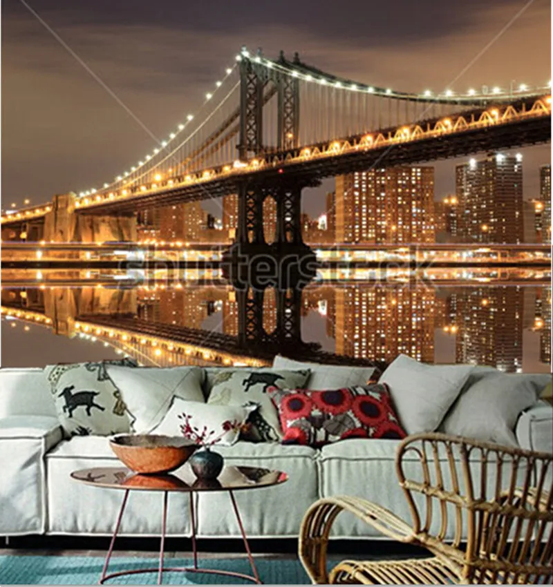 Custom 3D murals,Manhattan Bridge and Manhattan skyline At Night,New York City,living room sofa TV wall bedroom wall paper