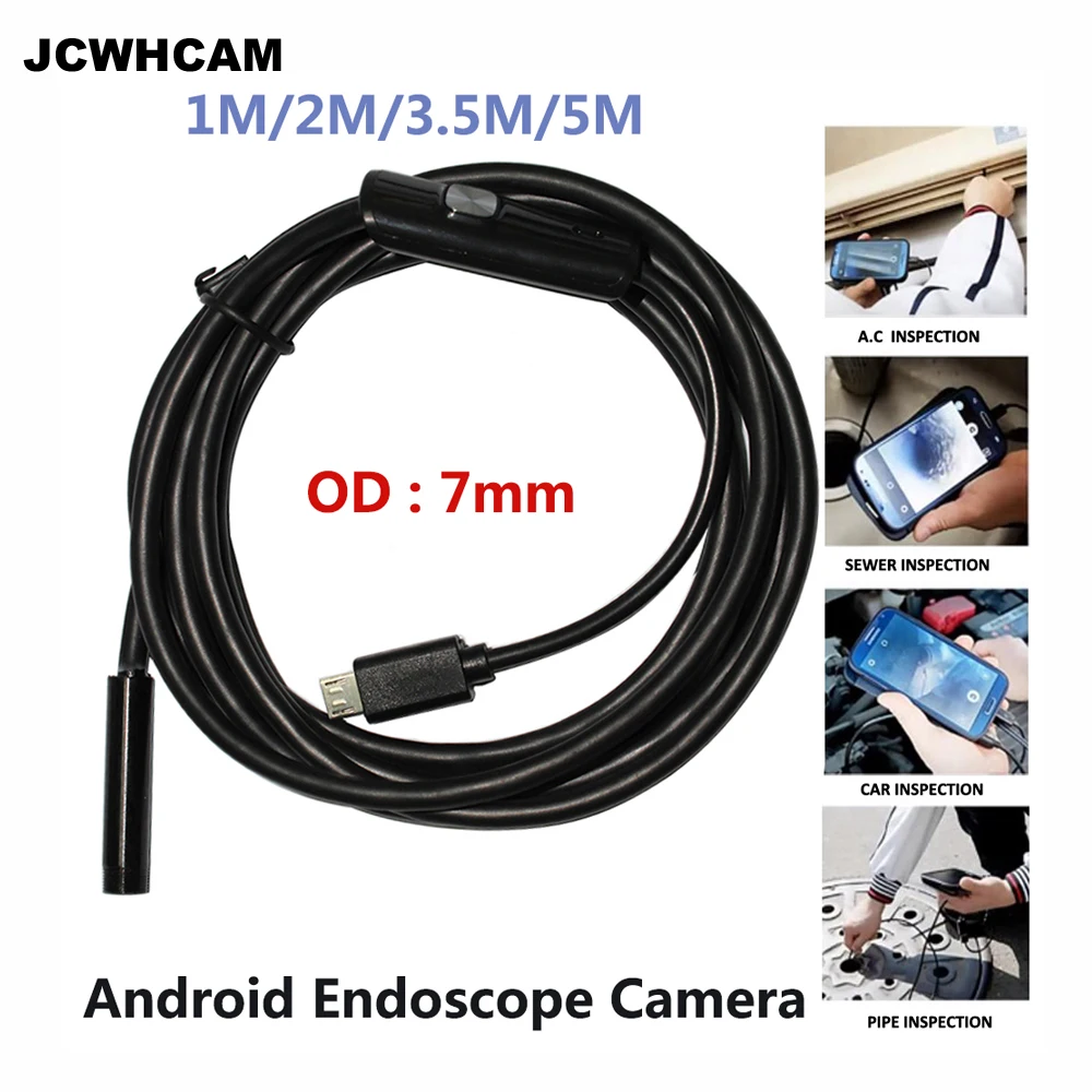 

JCWHCAM 7mm Focus Camera Lens 1M/1.5M/2M/3.5M/5M Waterproof 6 LED Android Endoscope Mini USB Cable Endoscope Inspection Camera